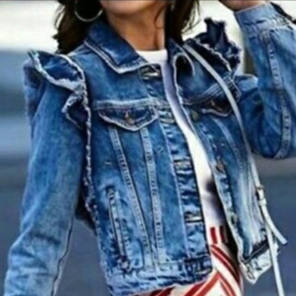 Worn once. Zara basic ruffle jean jacket - Picture 1 of 6